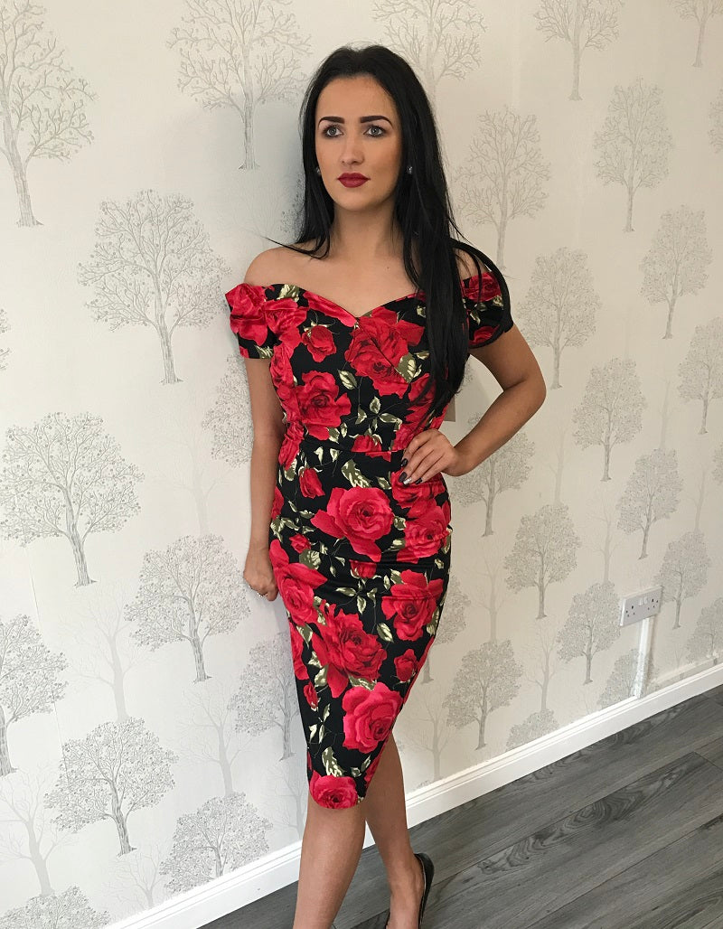 Claudia Black and Red Floral Pencil Dress